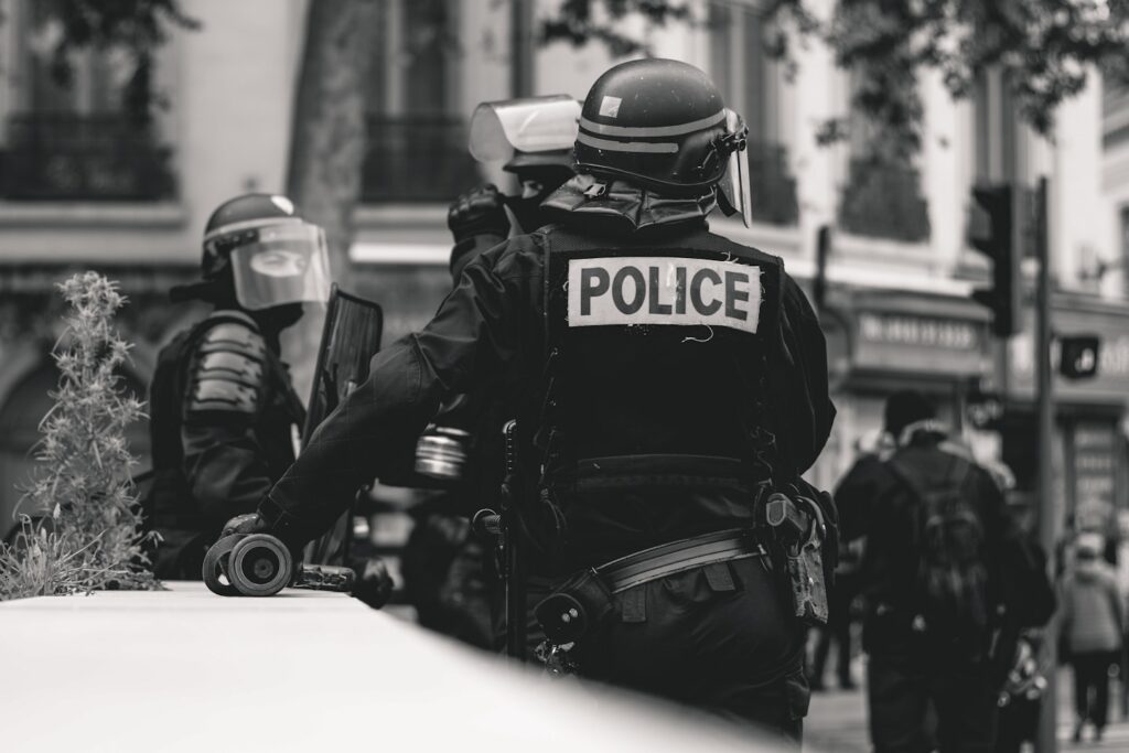 High police presence in Lyon, France, during the 25th weekend of the yellow vests movement.
Police violence is at its highest since the 1950s. There is an extensive use of tear gas, sting-ball grenades and the LBDs ("defense ball launchers") against largely peaceful protesters. The policeman holds his hand on a LBD, shown on the left in the picture. The use of LBDs is very controversial, causing serious injuries.
As of now (May 5th), 292 persons claim to be seriously injured by rubber balls, 23 persons lost an eye, 5 a hand during protests (source: mediapart.fr, http://tiny.cc/6hd85y).
