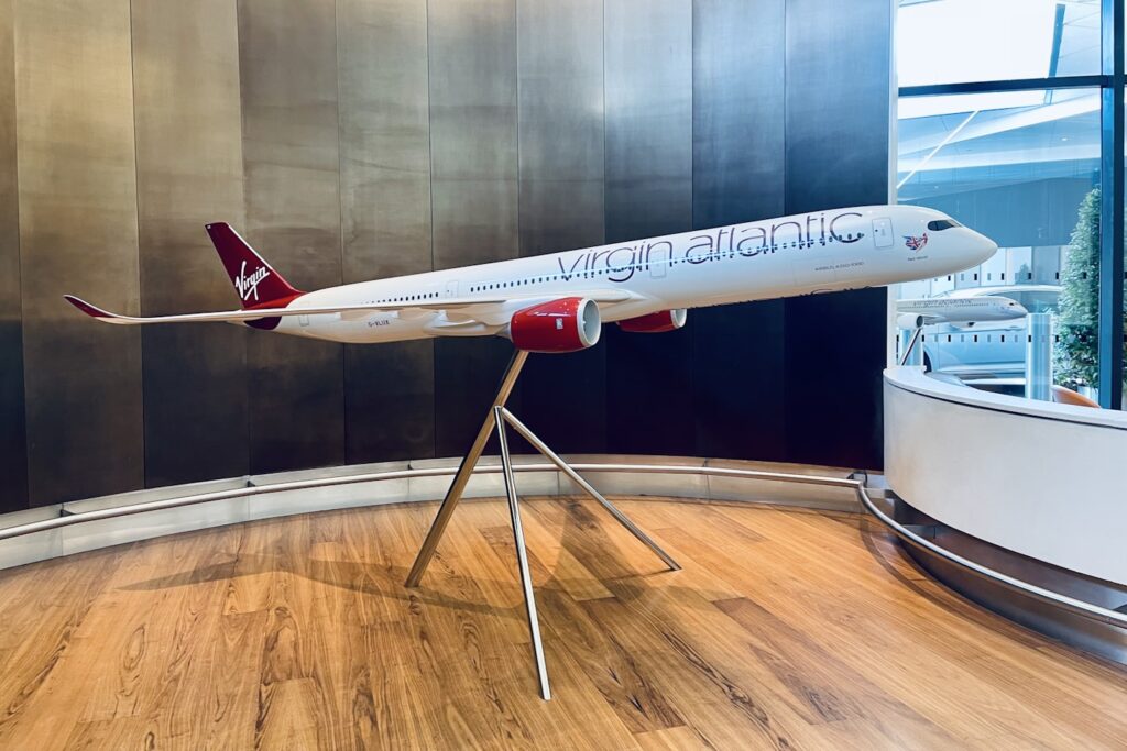 Virgin Atlantic Upper Class Wing model airplane at Heathrow Airport.