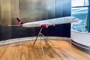 Virgin Atlantic Upper Class Wing model airplane at Heathrow Airport.