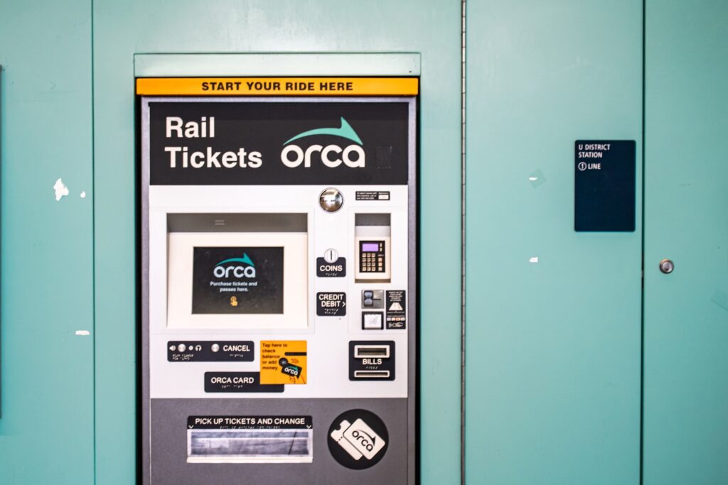 A ticket vending machine at the U District Station of Seattle's Link light rail system.